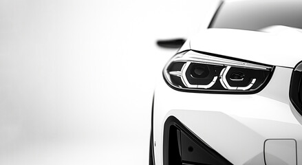 Closeup on the headlight of a generic and unbranded white car on a white background