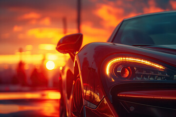 Closeup on the headlight of a generic and unbranded sport car at sunset