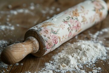 ceramic rolling pin with wooden handles and floral print on a wooden table a bit of flour, cottage core, farmhouse interior