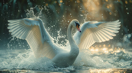 Beautiful white swan flaps its wings splashing - obrazy, fototapety, plakaty