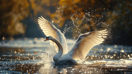 Beautiful white swan flaps its wings splashing