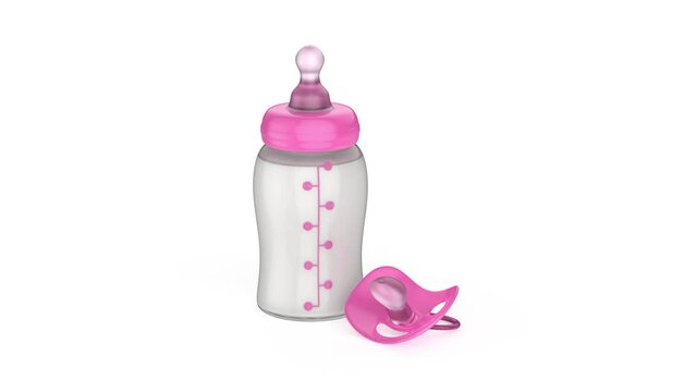 Baby milk bottle and pacifier on white background