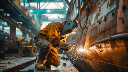 Industrial welder at work inside a building factory. 
