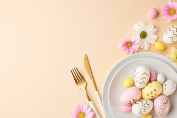 Easter brunch. Top view shot of various decorated Easter eggs, gold cutlery, white plate, pink and white chrysanthemums on beige background with space for invitations or seasonal wishes