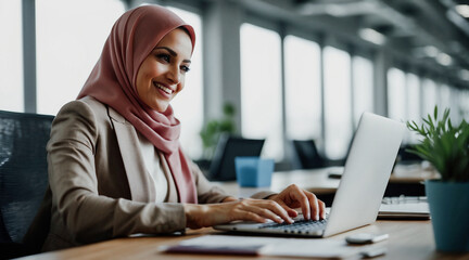 Successful young Muslim businesswoman wearing hijab is working on laptop in corporate office. Smiling female Arabic employee - obrazy, fototapety, plakaty