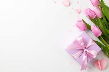 Honoring mothers worldwide: tokens of gratitude. Top view shot of pink gift box, pink tulips, heart-shaped confetti on white background with space for dedications or promotional content