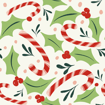 Christmas Candy canes and holly repeat pattern 12x12"