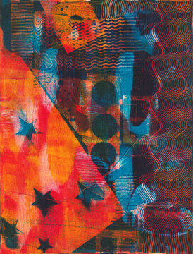 Bright acrylic mono print with stars and circle  detail