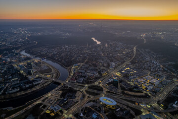 Aerial spring view of sunset dusk in Vilnius city center, down town, Šnipiškės district, Lithuania