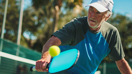 Pickleball is played outdoors, Photo of an active elderly man holding a pickleball racket hitting the up coming pickleball on courts, trendy sport of the years. - obrazy, fototapety, plakaty