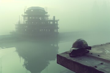 A serene, foggy morning envelops an under-construction building, with the structure emerging majestically from the mist, symbolizing the dawn of development on International Labour Day.