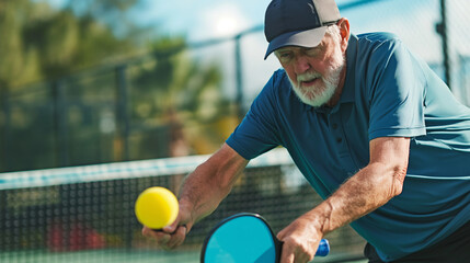 Pickleball is played outdoors, Photo of an active elderly man holding a pickleball racket hitting the up coming pickleball on courts, trendy sport of the years. - obrazy, fototapety, plakaty