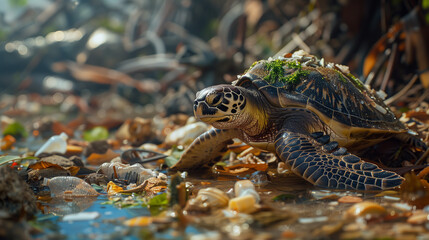Environmental impact on wildlife of trash and waste ending up in waterways. Turtle crawling on a dirty shore of an ocean.