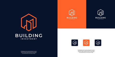 Building real estate with line art style logo design template