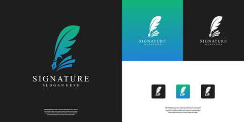 Creative book story logo design. quill signature logo design and feather ink logo design template. - obrazy, fototapety, plakaty