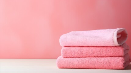 Pink cotton towels on a pink background. Bathroom decor and accessories.