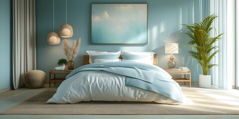 Soft Blue and Beige Minimalist Bedroom with a Soothing Ambiance. Concept Home Decor, Minimalism, Bedroom Design, Color Palette, Tranquility