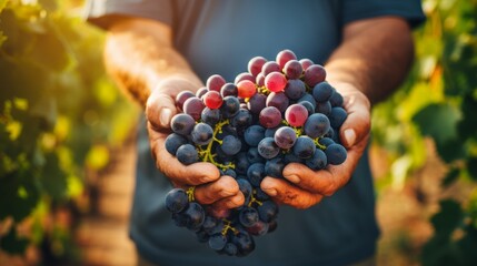 A farmer cradles a cluster of ripe grapes in a sunny vineyard. - obrazy, fototapety, plakaty