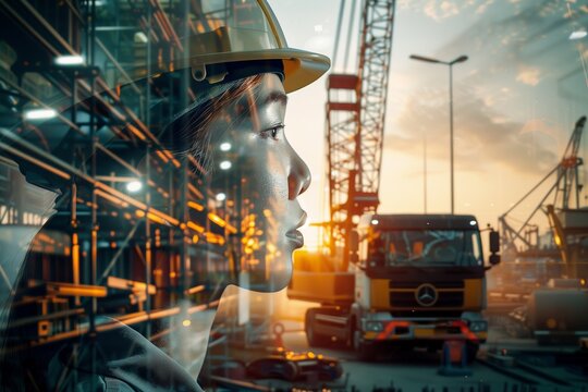 A striking double exposure image that beautifully combines the profile of a worker, clad in a safety helmet, with the bustling scene of a construction site, including  a crane at work and a truck