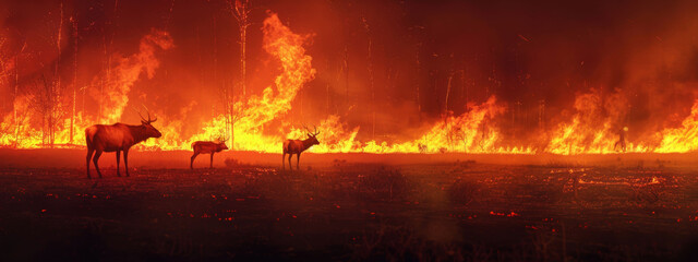 Wildlife silhouetted against a raging wildfire, a stark image of natural disaster.