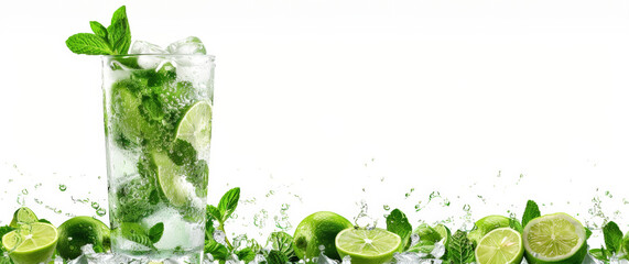 Refreshing mojito cocktail with lime and mint, with splashes and bubbles.