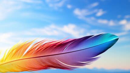 Colorful feather against a blue sky background, symbolizing lightness and freedom.