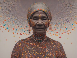 Black old lady. Colorful dots background.