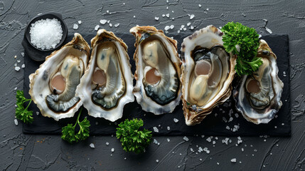 Fresh oysters on a slate with herbs and sea salt, served on a dark table. - obrazy, fototapety, plakaty