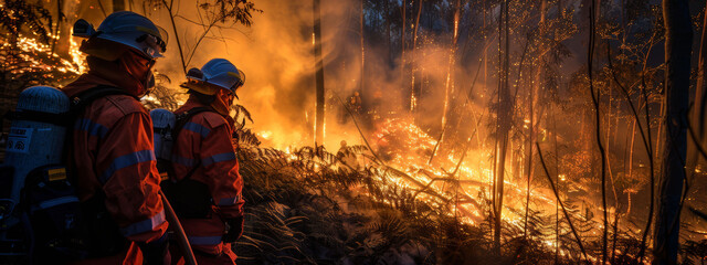 Firefighters watching a forest fire at night, showcasing the intensity of wildfire. - obrazy, fototapety, plakaty