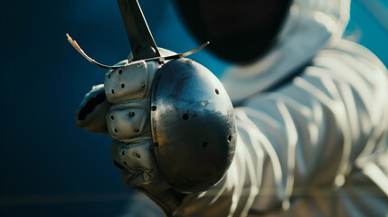 Fototapeta premium AI Generated Image. Close up of fencer in mask holding sword at summer international sport event