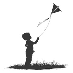 Silhouette little boy playing kite black color only