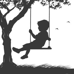 Silhouette little boy playing swing in the playground black color only