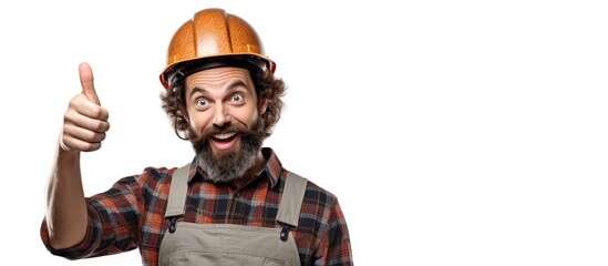 A man wearing a hard hat is shown in the image, giving a thumbs up gesture, indicating approval or agreement with a positive expression on his face.