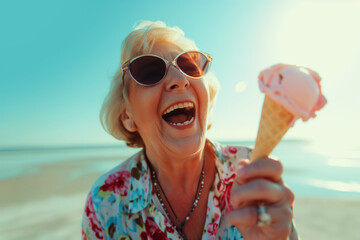 AI Generated Image. Happy laughing senior woman in sunglasses enjoys ice cream at the beach - 753874649