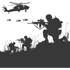 silhouette of a modern war situation black color only