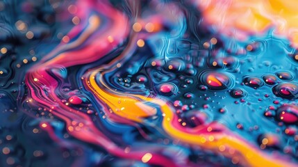 The flow of a bright multicolored oily liquid. The concept of research. - obrazy, fototapety, plakaty