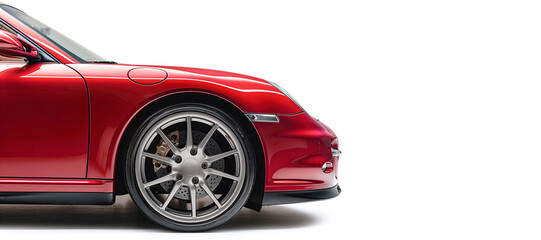 Lateral view of a generic and unbranded red luxury car on a white background