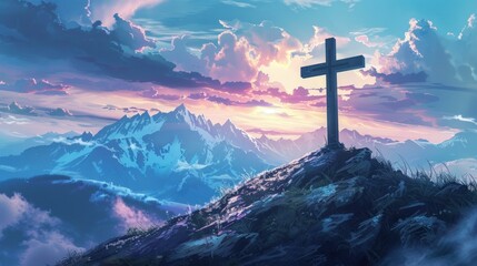 A cross stands atop a mountain under a dramatic sunrise