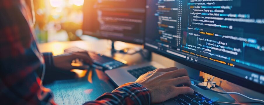 Programmer hands coding on computer screen