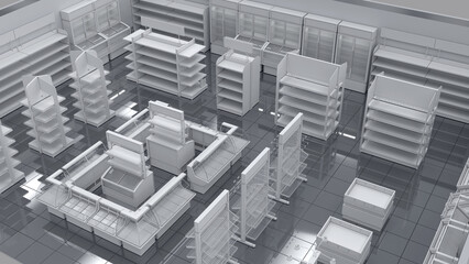 Grocery store layout top view with empty shelves. 3d illustration