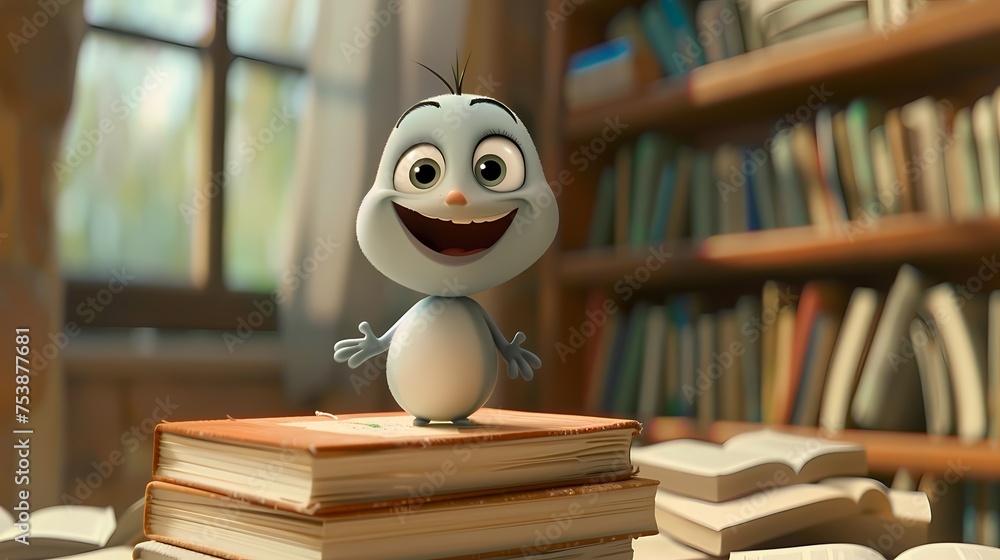Poster a cute and playful 3d animated character, with a wide smile and animated gestures, standing on a sta