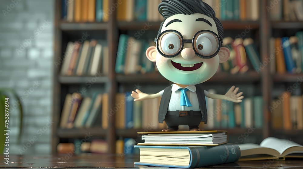 Poster a cute and playful 3d animated character, with a wide smile and animated gestures, standing on a sta
