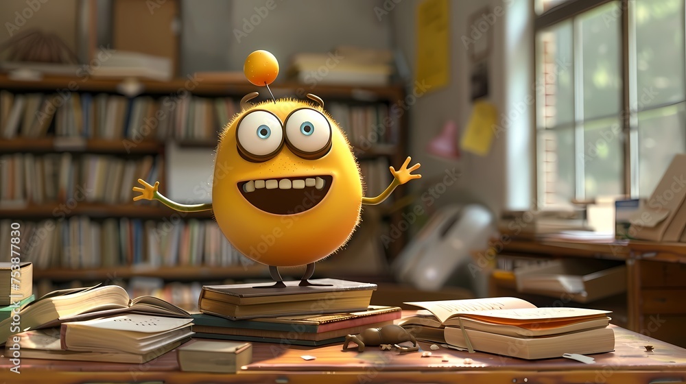 Poster a cute and playful 3d animated character, with a wide smile and animated gestures, standing on a sta