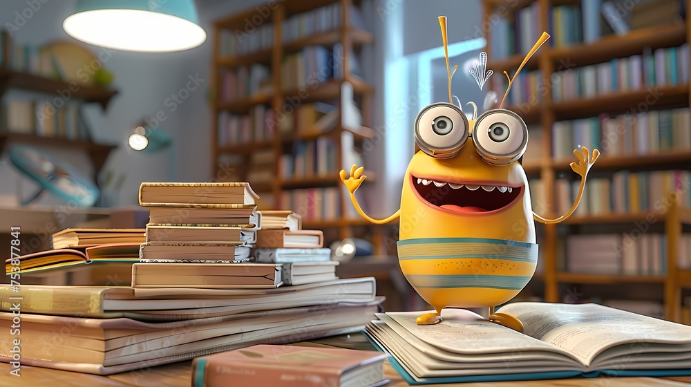 Poster a cute and playful 3d animated character, with a wide smile and animated gestures, standing on a sta