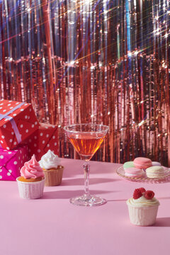 Tasty candy bar for Birthday party on table near  glitter background
