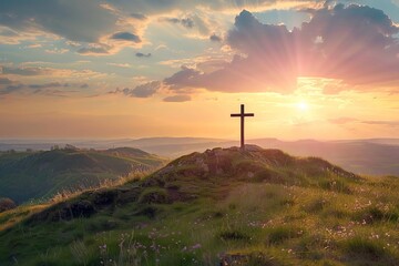 Cross on a hill during holy week Symbolizing faith Reflection And the spiritual significance of easter Set against a serene landscape - obrazy, fototapety, plakaty