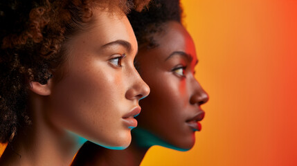 Fototapeta premium Diversity of human faces. Black and white women on orange background in studio.