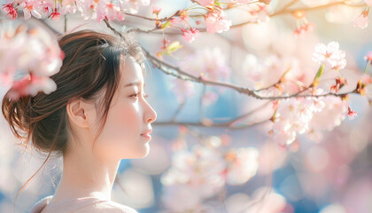 Woman and cherry blossoms. Background with selective focus and copy space