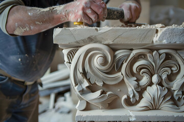 a master stone mason carving ornate designs on stone for architectural elements - obrazy, fototapety, plakaty