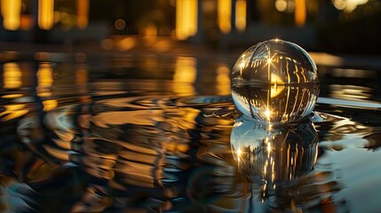 Transparent Sphere at the Water&rsquo;s Edge with City Lights at Night.